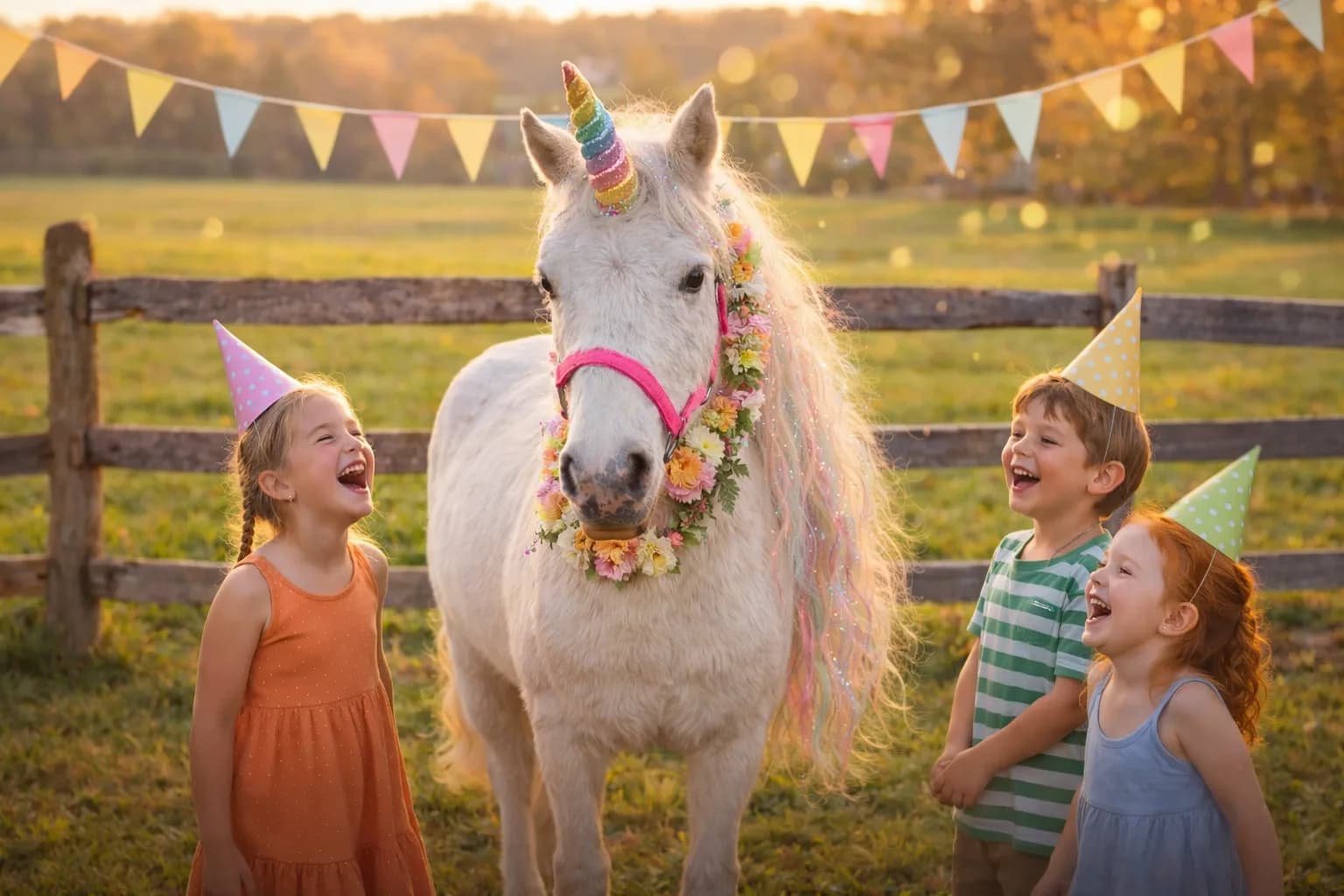 Kids in party hats gathered around the unicorn-horned pony, with balloons and bunting