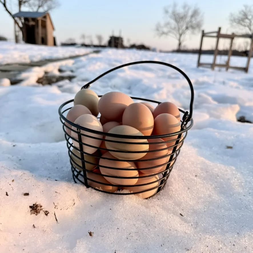 A wire basket of fresh eggs sitting in the snow