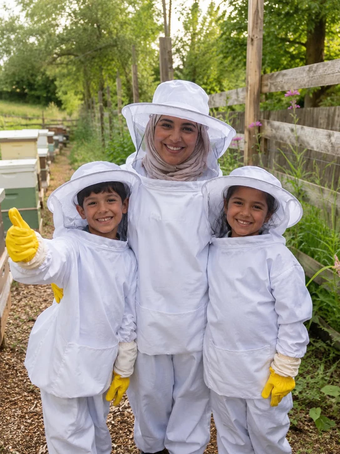 Three kids in full beekeeping suits giving a thumbs up