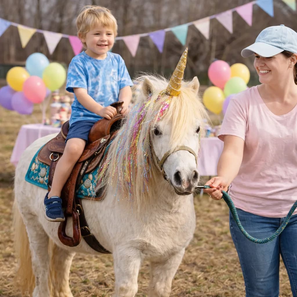 A toddler riding a pony wearing a unicorn horn at a birthday party