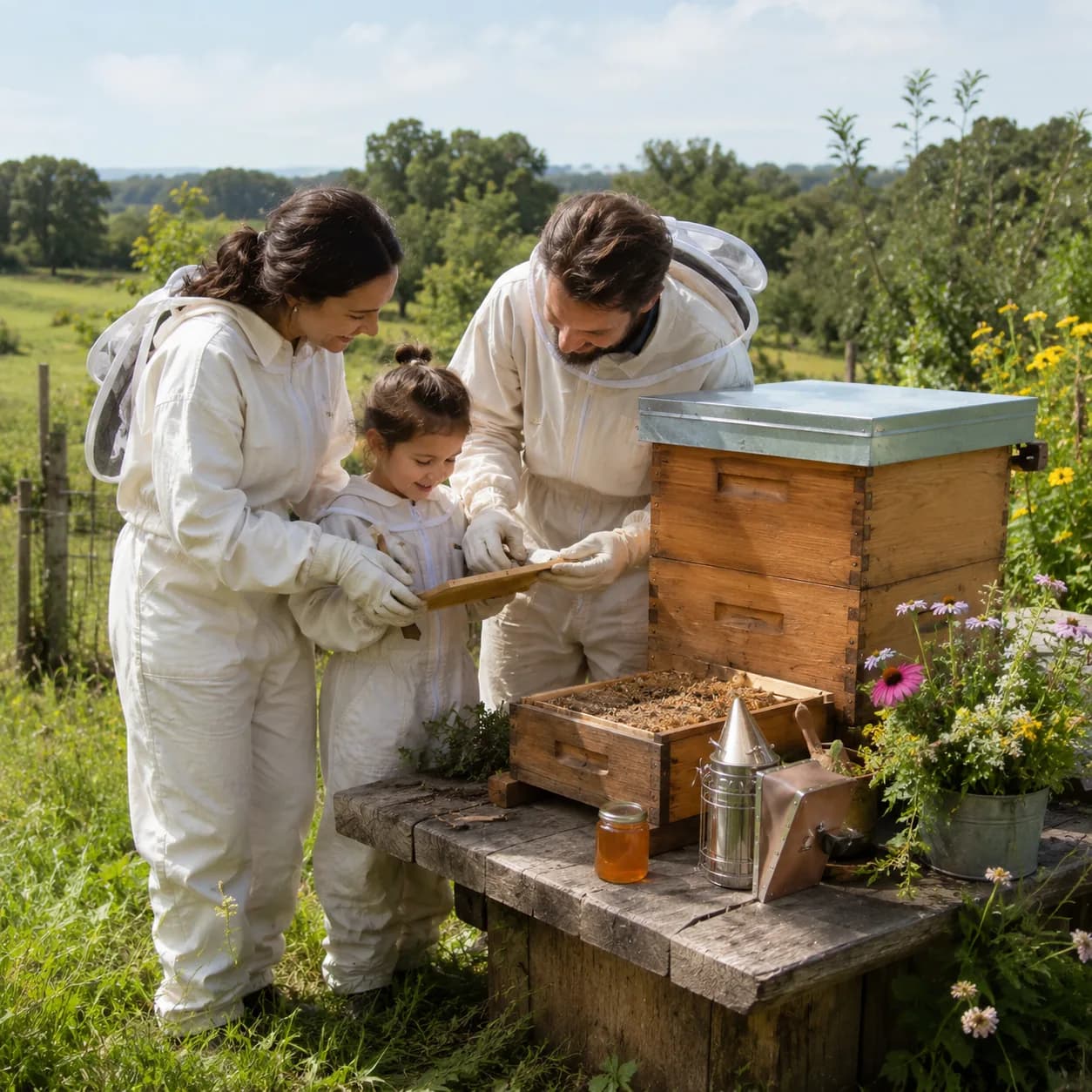 The family opening a beehive in full bee suits