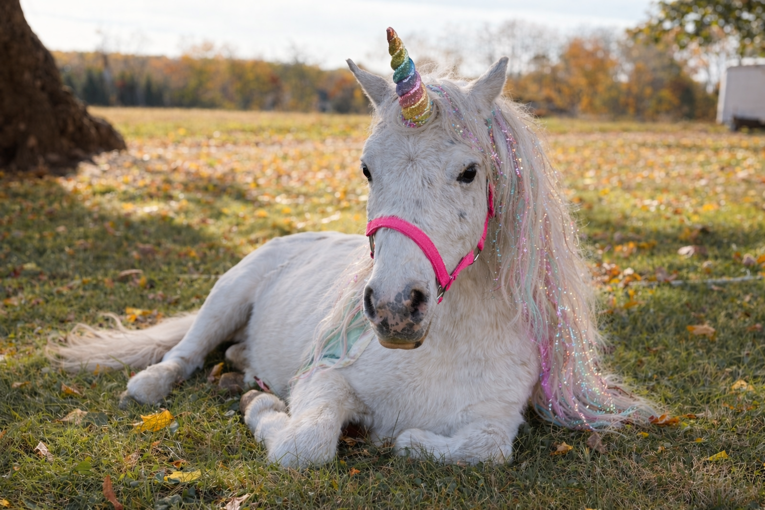 Cosmo the mini pony dressed as a unicorn for birthday parties at Marlboro Meadows Farm NJ