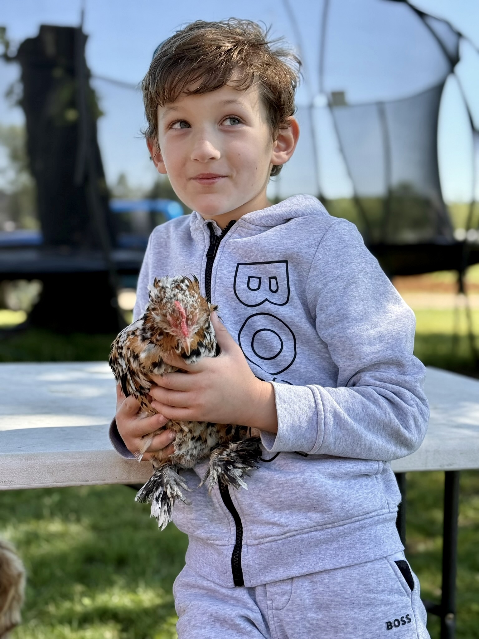Jacob holding a chicken at the petting zoo at Marlboro Meadows Farm in Marlboro New Jersey