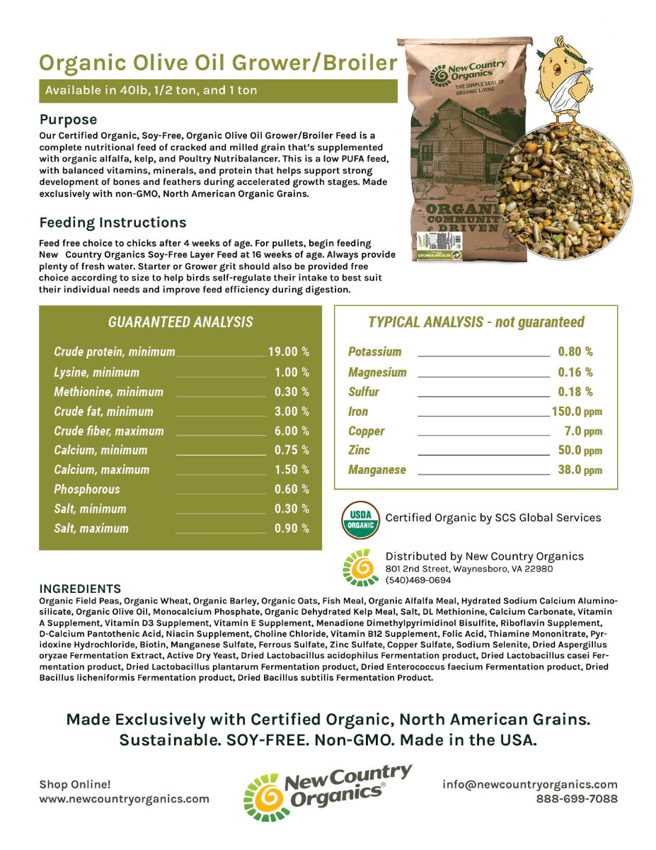 Certified organic olive oil grower feed ingredient and nutrition label used at Marlboro Meadows Farm