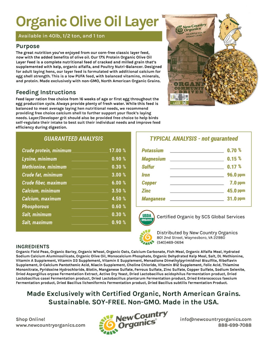 Certified organic layer feed with flaxseed and alfalfa — ingredient and nutrition label from Marlboro Meadows Farm