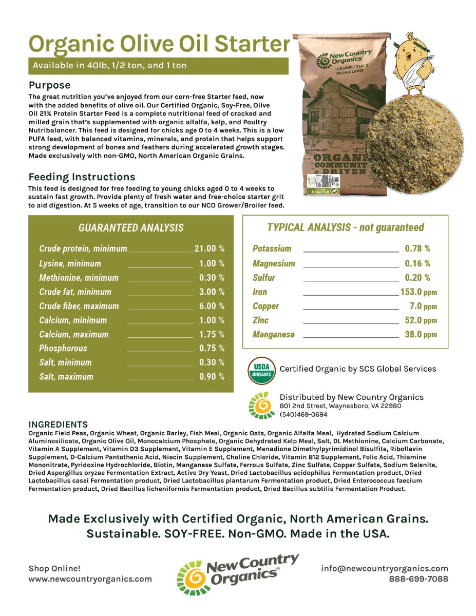 Certified organic olive oil starter feed ingredient and nutrition label used at Marlboro Meadows Farm